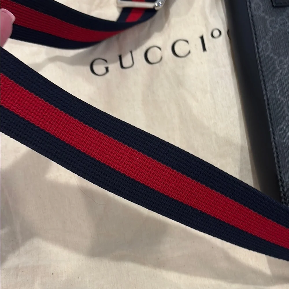 Gucci Black Messenger Bag with Monogram Canvas and Webbing Strap - Picture 8 of 16